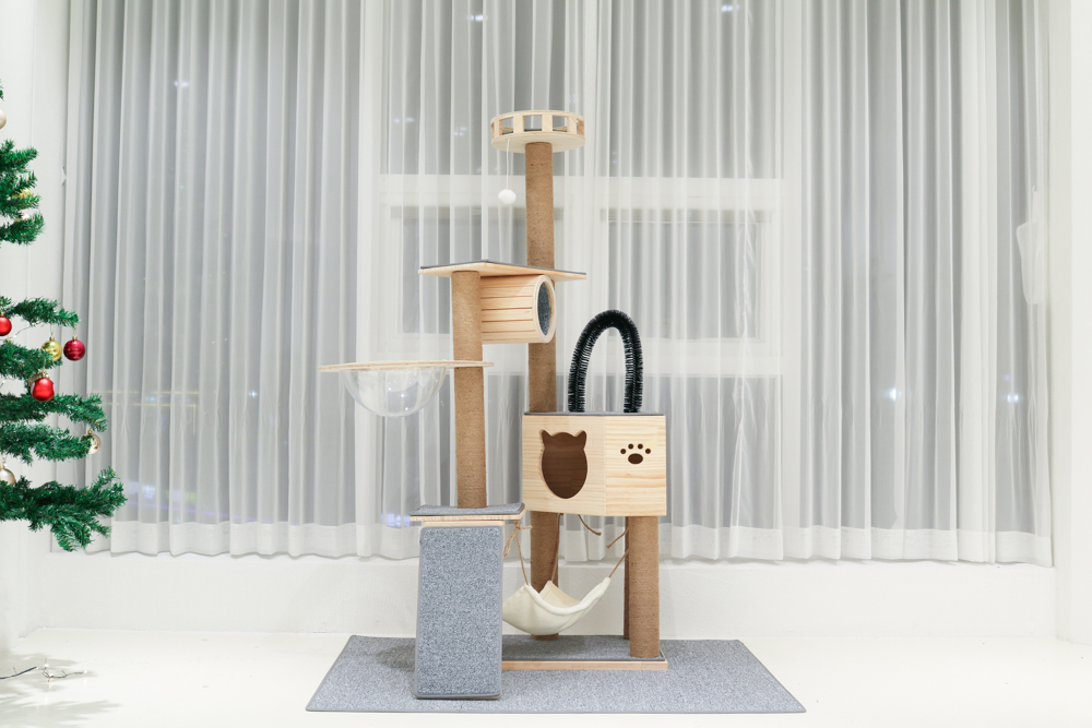 고양이들이 좋아하는 원목 우주선 캣타워, 160cm로 집안을 더 특별하게!