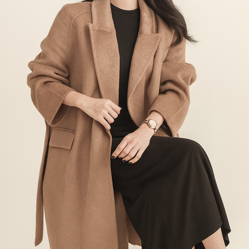 편안하게 입기 좋은 여성용 카멜 헤어 롱코트, 고급스러움이 느껴지는 테일러드 스타일