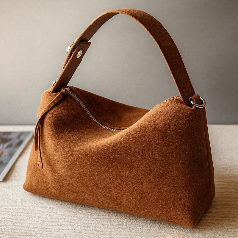 편하게 들고 다닐 수 있는 소가죽 스웨이드 숄더백, 브라운 컬러 추천해요!