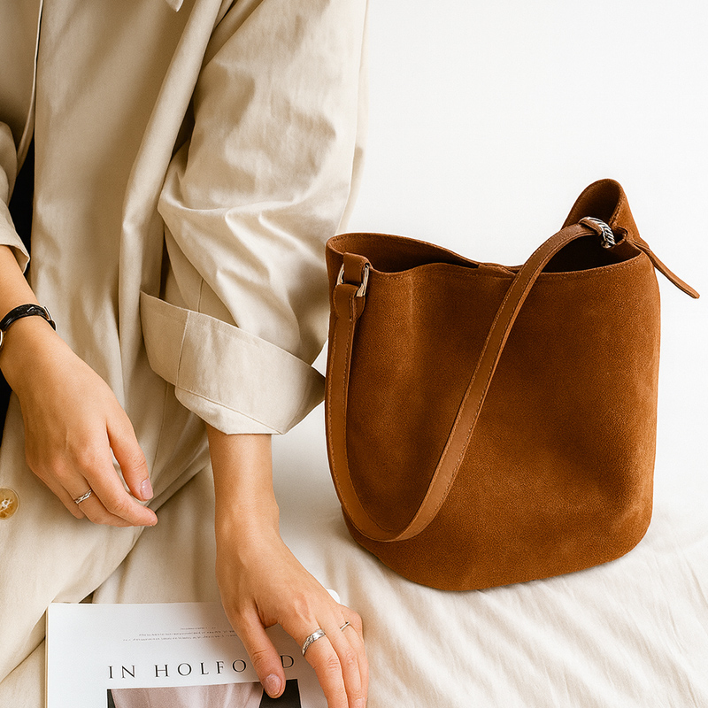 일상에 딱 어울리는 소가죽 스웨이드 숄더백, 어떤 자리에서도 빛나는 버킷 호보백