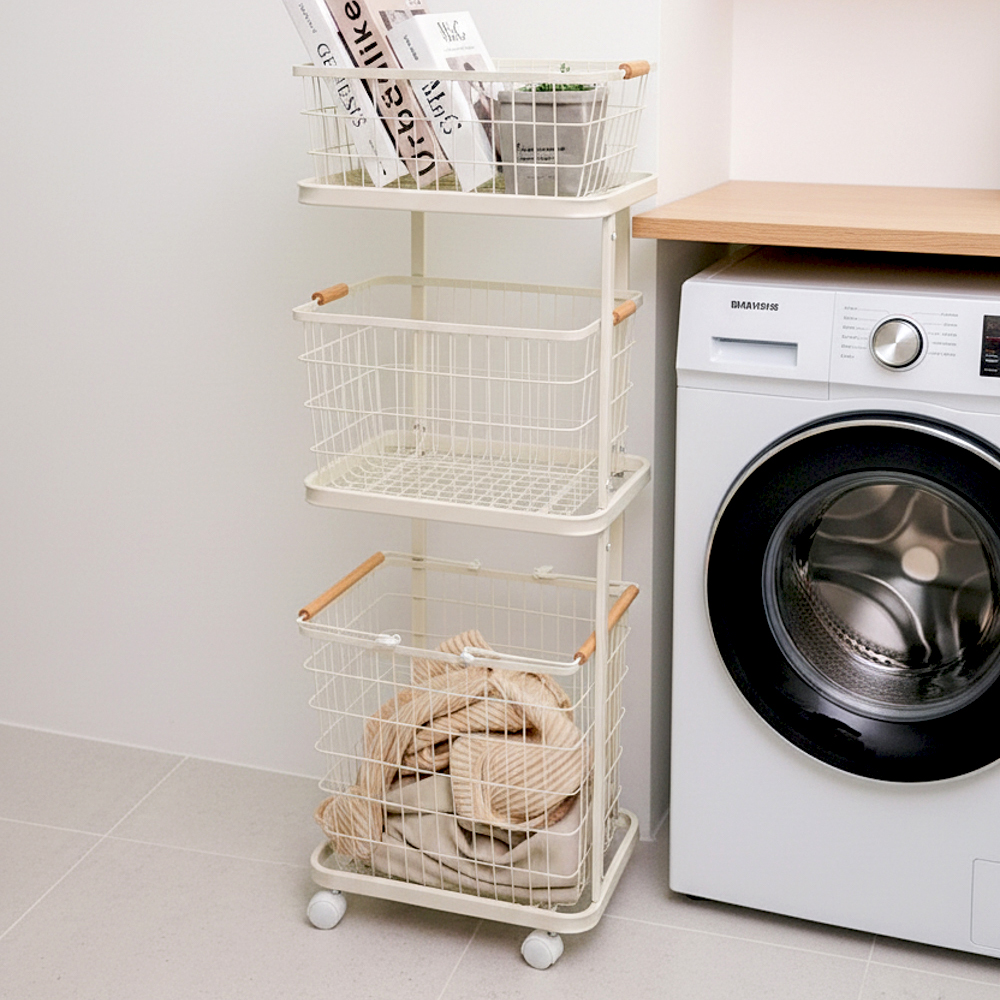 쉽고 편리하게 사용하는 3단 철제 빨래 바구니, 이동이 간편해요!