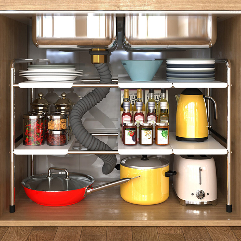 주방 정리의 핵심! 높이 조절이 가능한 싱크대 하부 선반으로 깔끔하게 정리하세요