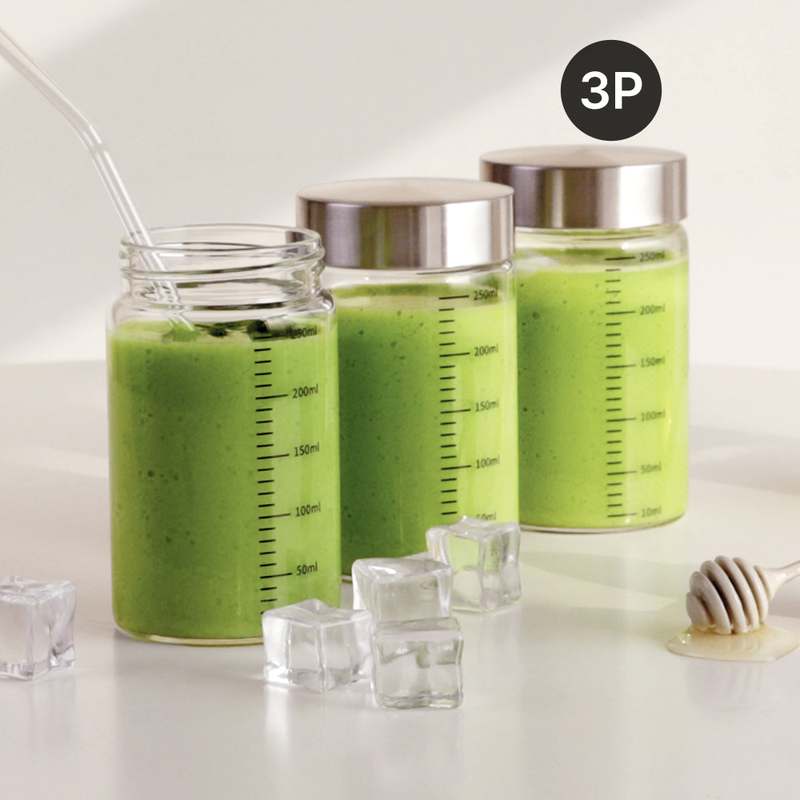 눈금유리병 내열유리 밀폐 주스병 우유병 두유 수제청 이유식 요거트 드레싱 250ml, 3개