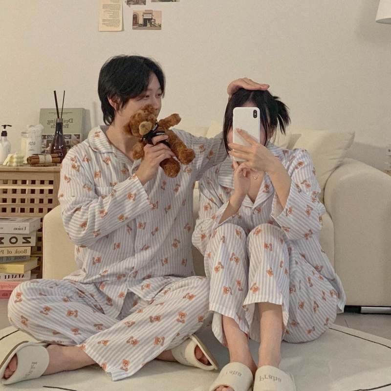 편안하게 입기 좋은 곰돌이 긴팔 잠옷 세트, 커플용 빅사이즈 파자마 추천!