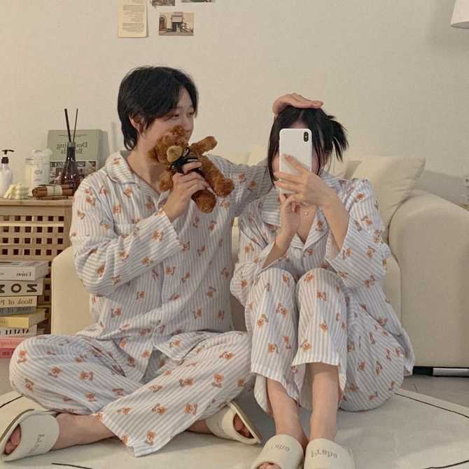 편안한 잠자리를 위한 곰돌이 긴팔 잠옷 세트, 실속형 커플 파자마 추천