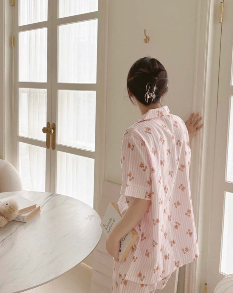 편안한 밤을 위한 곰돌이 반팔 파자마 세트, 커플용 빅사이즈 추천!