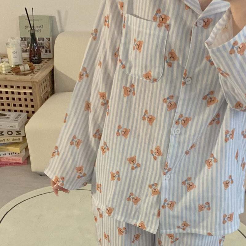 편안하게 입기 좋은 곰돌이 긴팔 잠옷 세트, 커플용 빅사이즈 파자마 추천!