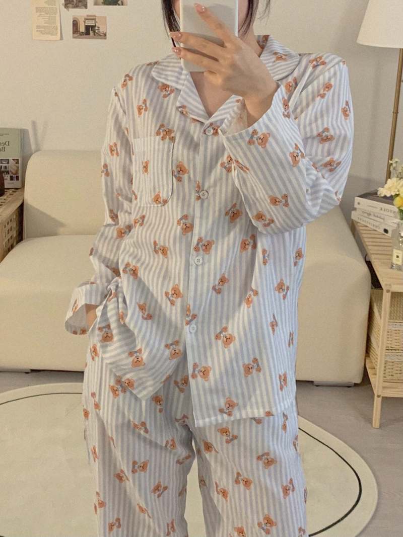 편안하게 입기 좋은 곰돌이 긴팔 잠옷 세트, 커플용 빅사이즈 파자마 추천!