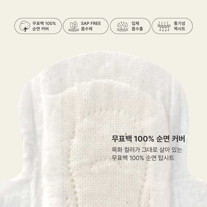 무표백 순면커버 생리대, 중형 사이즈로 편안하게 사용하세요